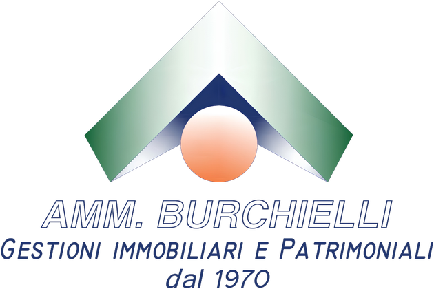 Logo Amm. Burchielli, Gestioni immobiliari e patrimoniali dal 1970: tetto verde e blu con sole arancione